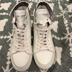 Zadig & Voltaire White Leather High-Top Sneakers with Silver Heel Tab